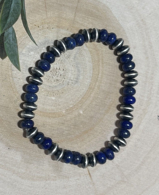 7mm Desert Saucer Pearls & Lapis Stretch Bracelet - Sunset Turquoise Mountain