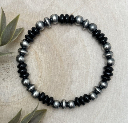 7mm Desert Saucer Pearls & Onyx Stretch Bracelet - Sunset Turquoise Mountain