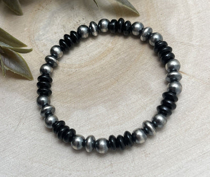 7mm Desert Saucer Pearls & Onyx Stretch Bracelet - Sunset Turquoise Mountain