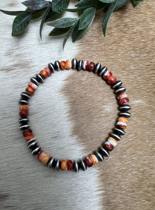 7mm Desert Saucer Pearls & Orange Spiny Stretch Bracelet - Sunset Turquoise Mountain