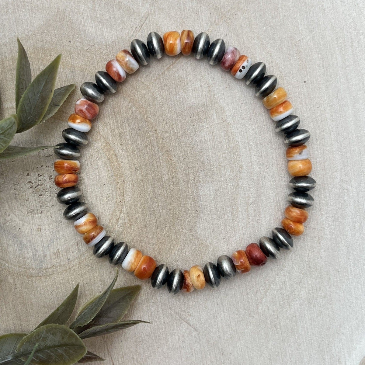 7mm Desert Saucer Pearls & Orange Spiny Stretch Bracelet - Sunset Turquoise Mountain