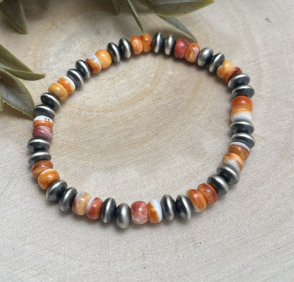 7mm Desert Saucer Pearls & Orange Spiny Stretch Bracelet - Sunset Turquoise Mountain