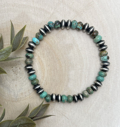 7mm Desert Saucer Pearls & Turquoise Stretch Bracelet - Sunset Turquoise Mountain