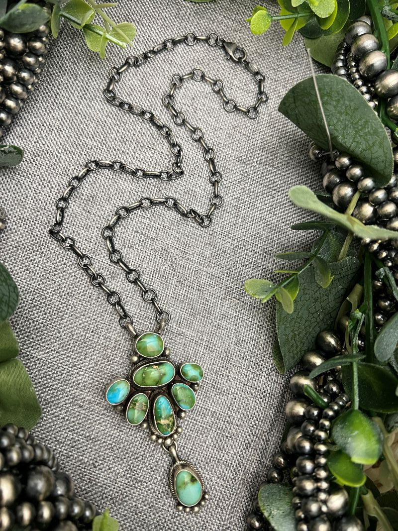 8 - stone Sonoran Turquoise Cluster Bar Necklace - Sunset Turquoise Mountain