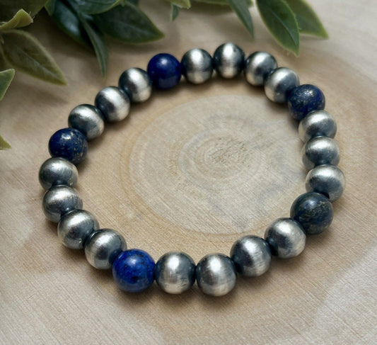 8mm Desert Pearls & Lapis Stretch Bracelet - Sunset Turquoise Mountain