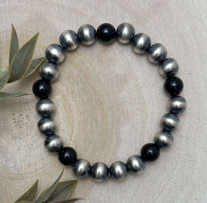 8mm Desert Pearls & Onyx Stretch Bracelet - Sunset Turquoise Mountain