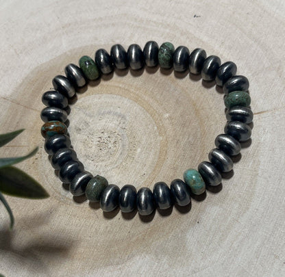 9mm Desert Saucer Pearls & Green Turquoise Stretch Bracelet - Sunset Turquoise Mountain