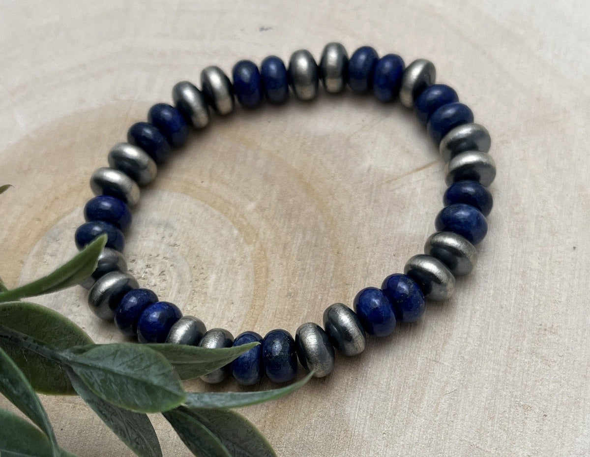 9mm Desert Saucer Pearls & Lapis Stretch Bracelet - Sunset Turquoise Mountain