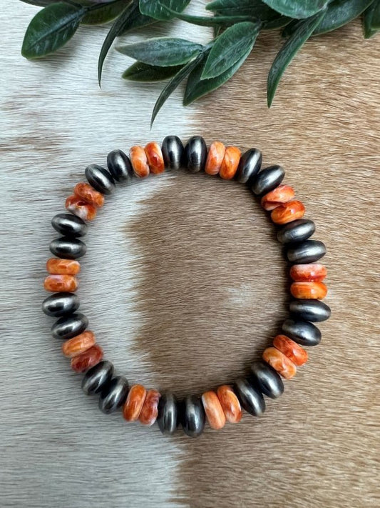 9mm Desert Saucer Pearls & Orange Spiny Stretch Bracelet - Sunset Turquoise Mountain