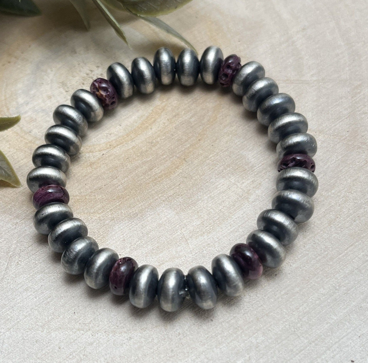 9mm Desert Saucer Pearls & Purple Spiny Stretch Bracelet - Sunset Turquoise Mountain