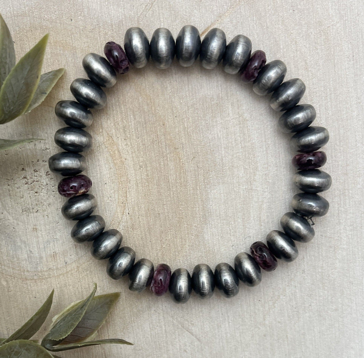 9mm Desert Saucer Pearls & Purple Spiny Stretch Bracelet - Sunset Turquoise Mountain