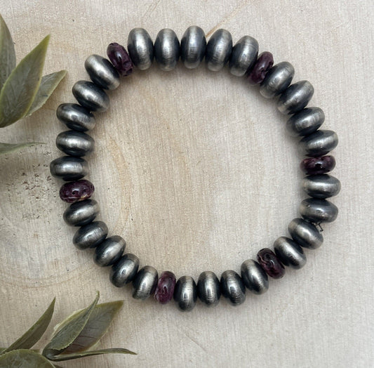 9mm Desert Saucer Pearls & Purple Spiny Stretch Bracelet - Sunset Turquoise Mountain