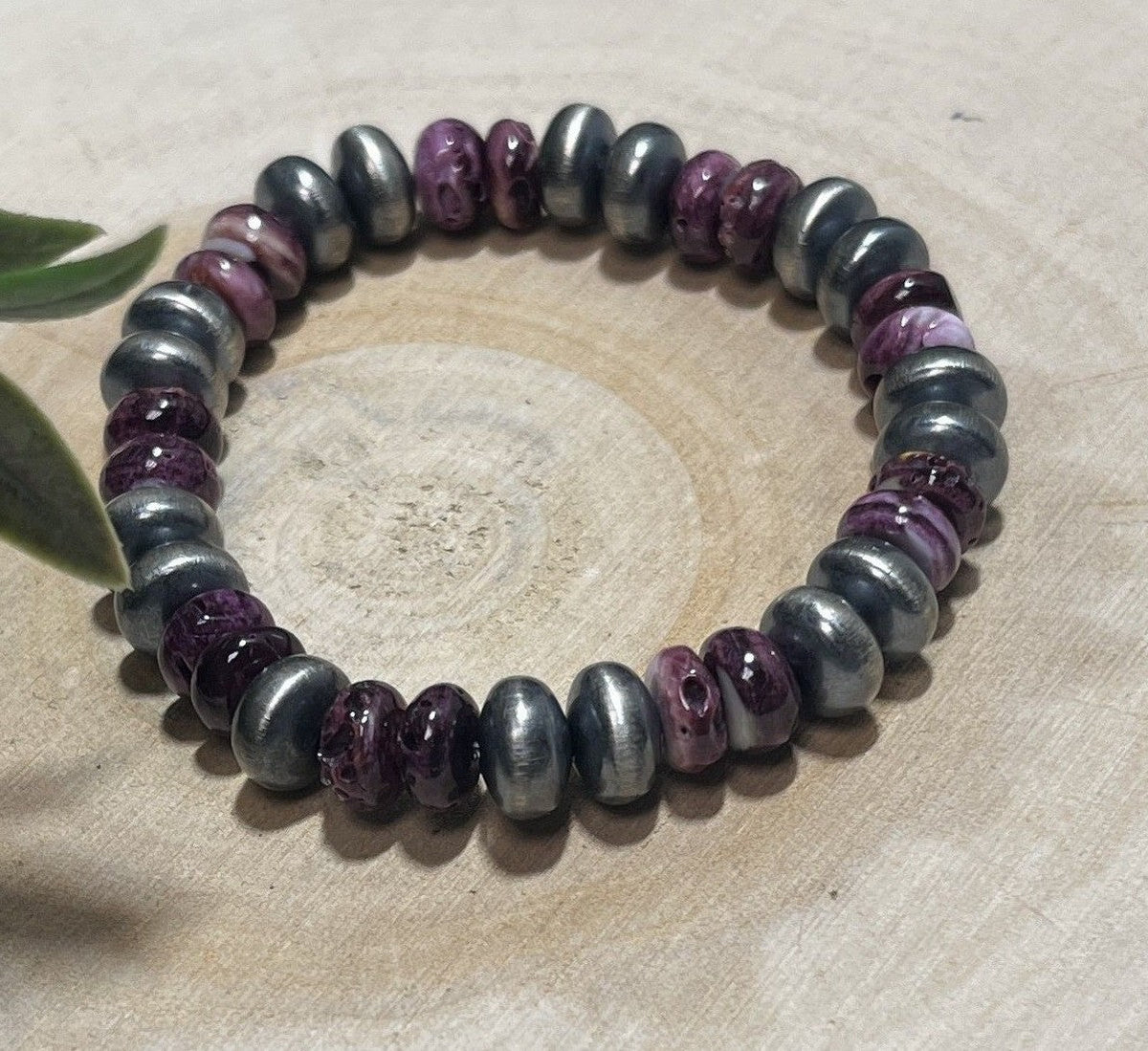 9mm Desert Saucer Pearls & Purple Spiny Stretch Bracelet - Sunset Turquoise Mountain