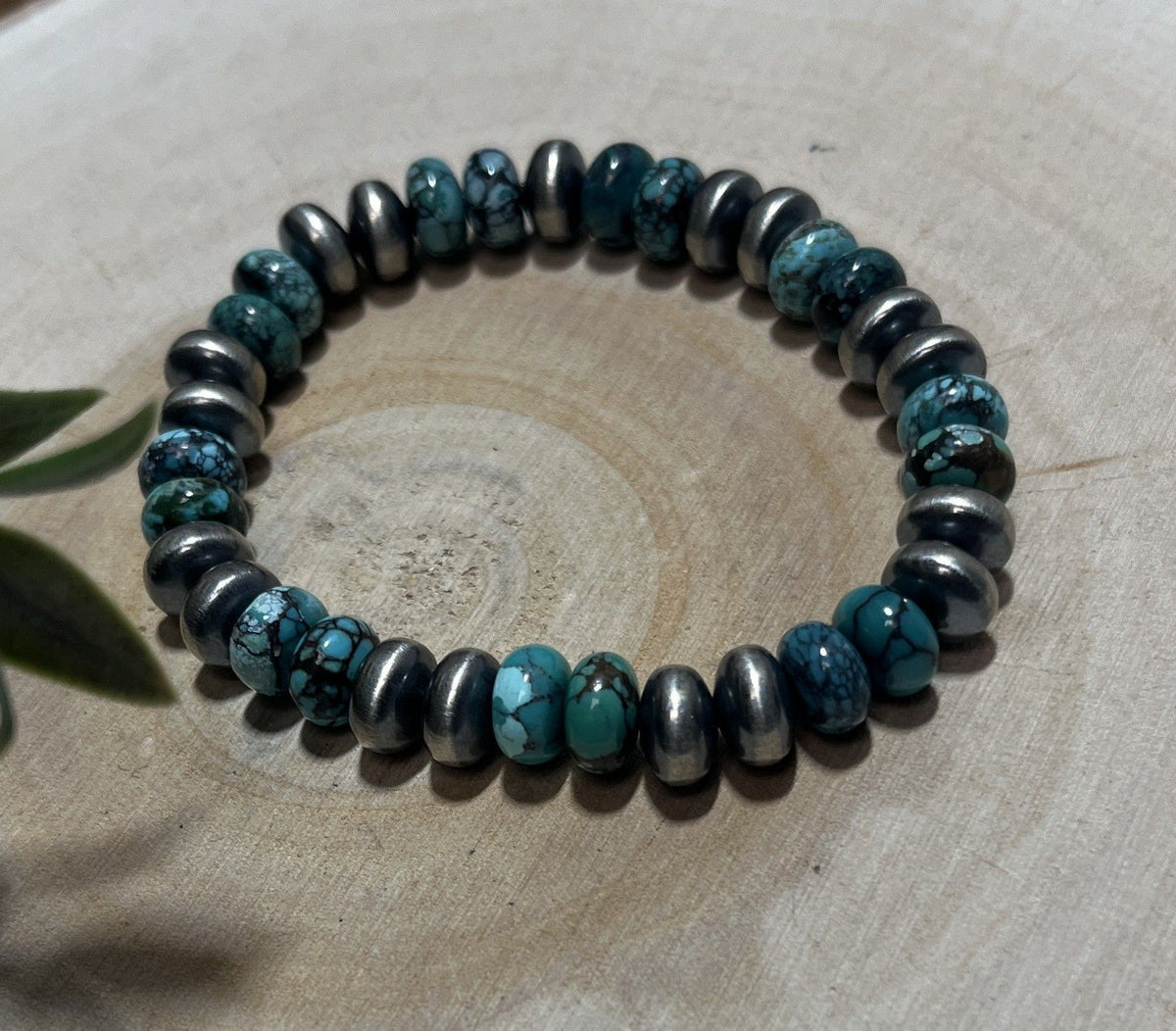 9mm Desert Saucer Pearls & Turquoise Stretch Bracelet - Sunset Turquoise Mountain