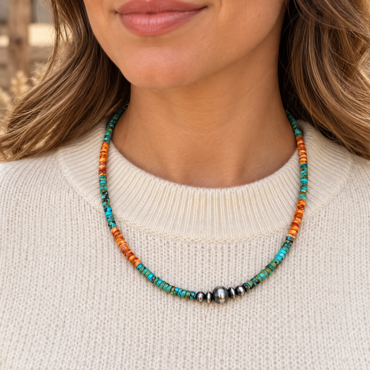 Graduated Silver Desert Pearls & Turquoise Spiny Oyster Shell Heishi Necklace worn over a cream crew-neck top.