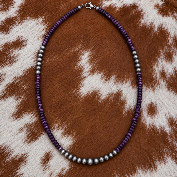 Silver Desert Pearls and purple spiny oyster shell heishi necklace on cowhide