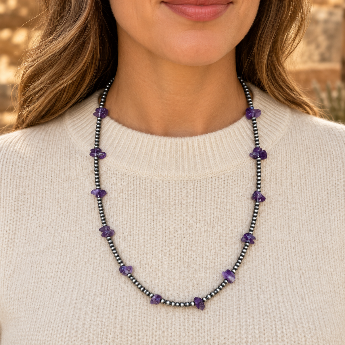 Silver Desert Pearls & Amethyst Chips Necklace worn over a cream crew-neck top.