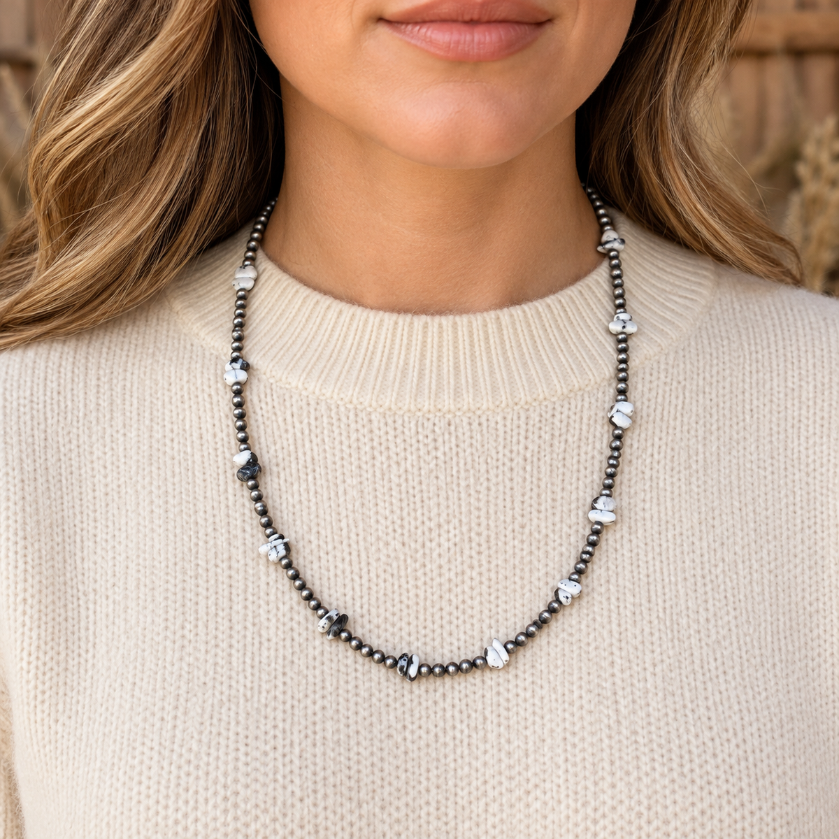 Silver Desert Pearls & White Buffalo Chips Necklace worn over a cream crew-neck top.