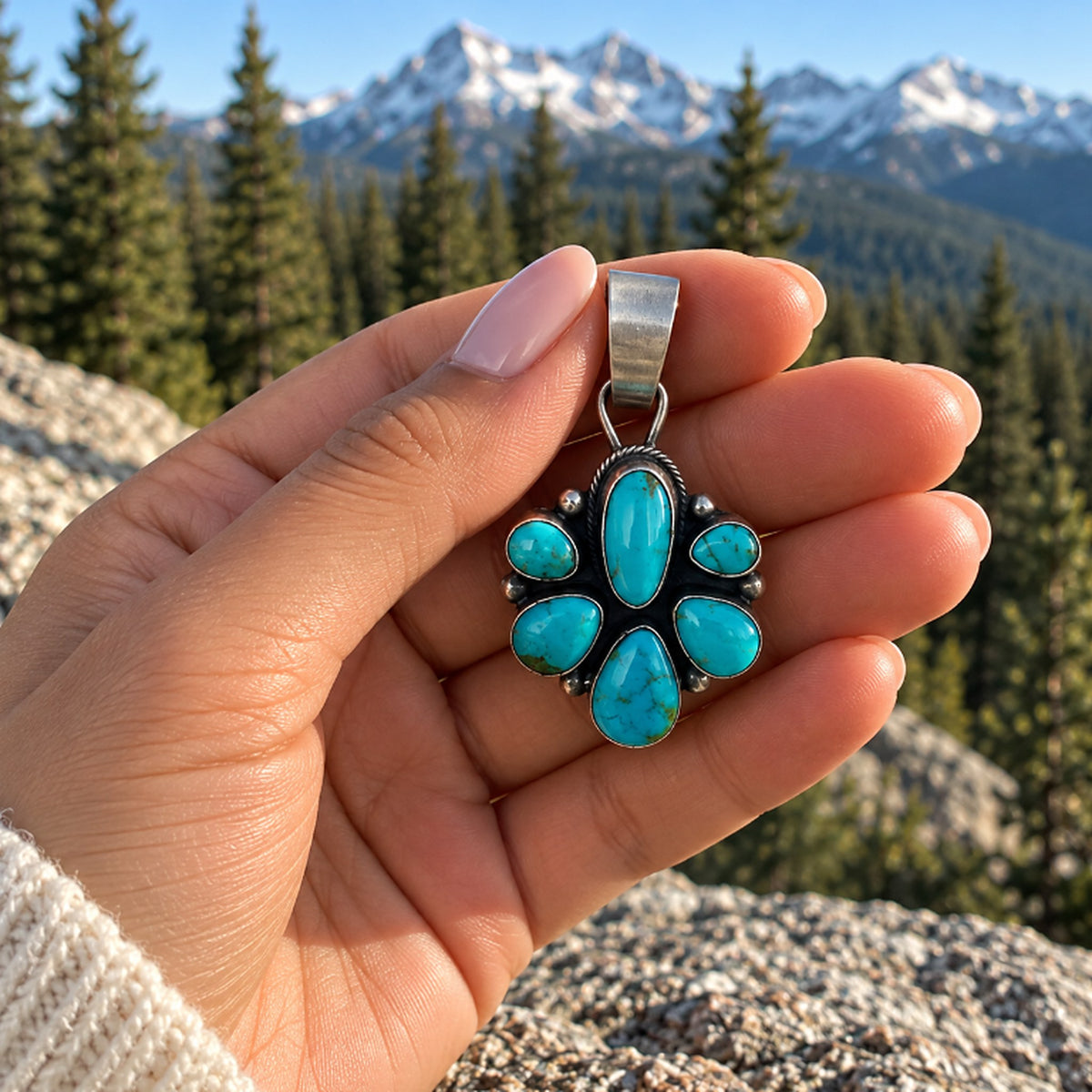 Sheila Becenti turquoise cluster pendant held in a hand outdoors with pine trees and mountains behind, showing its 2-inch size