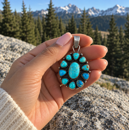 Sheila Becenti 11-Stone Sonoran Mountain Turquoise Cluster Pendant, Navajo Sterling Silver