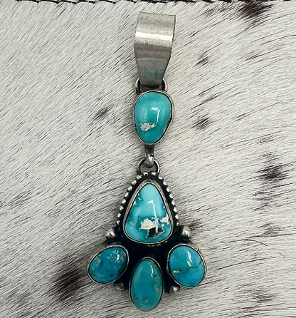 Betty Tom 5-Stone Nevada Blue Bird Turquoise Drop Pendant, Navajo Sterling Silver