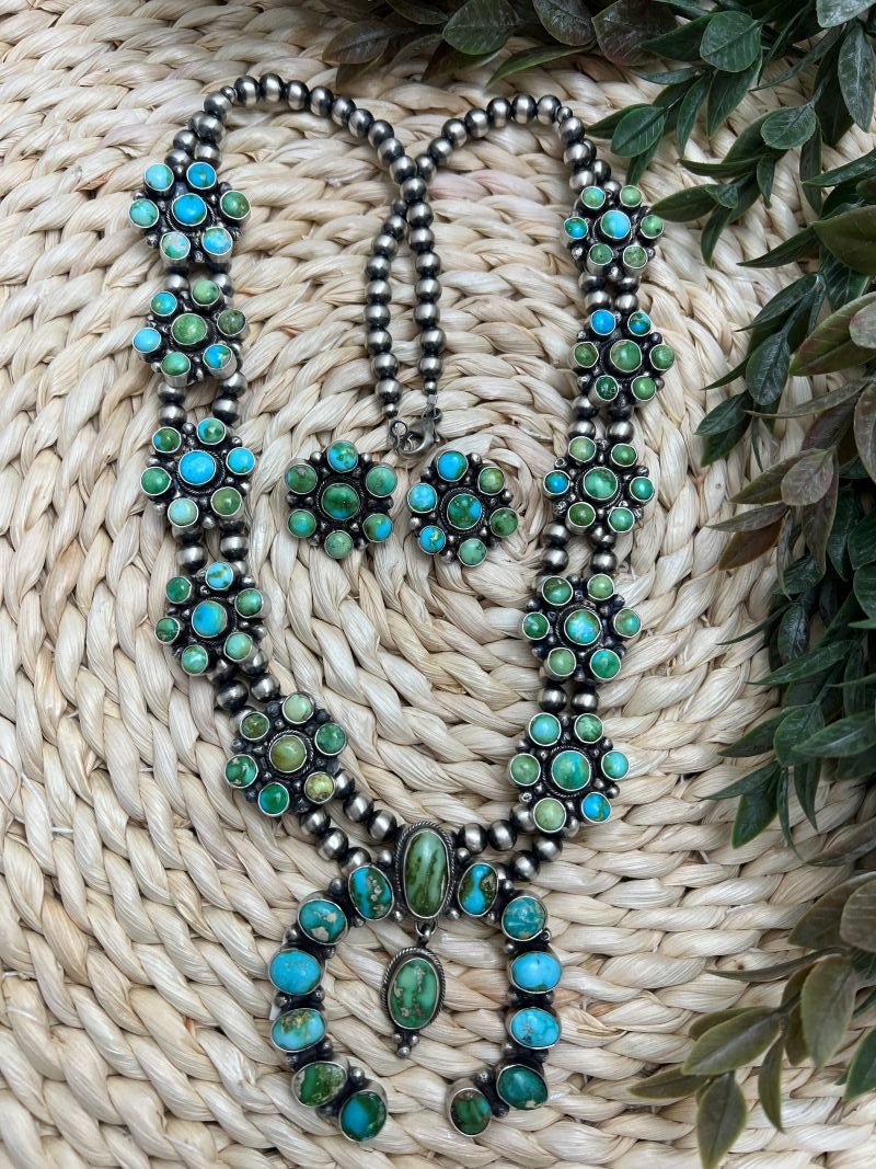 Blue - Green Sonoran Turquoise Cluster Squash Blossom Set - Sunset Turquoise Mountain