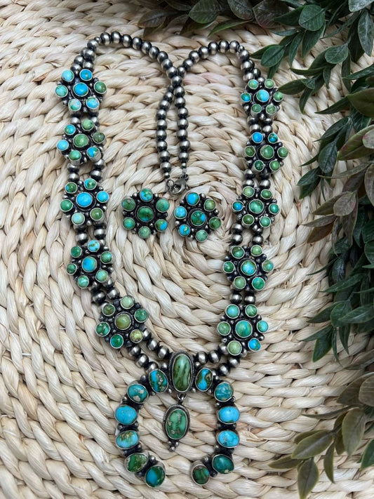 Blue - Green Sonoran Turquoise Cluster Squash Blossom Set - Sunset Turquoise Mountain