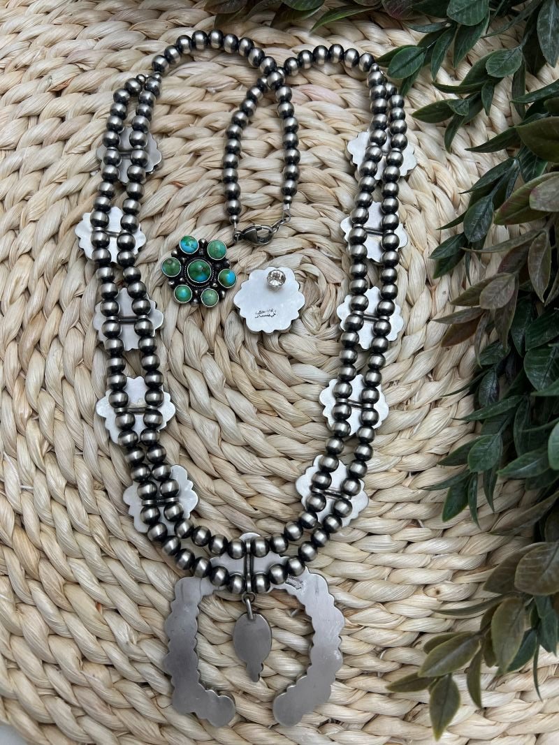 Blue - Green Sonoran Turquoise Cluster Squash Blossom Set - Sunset Turquoise Mountain