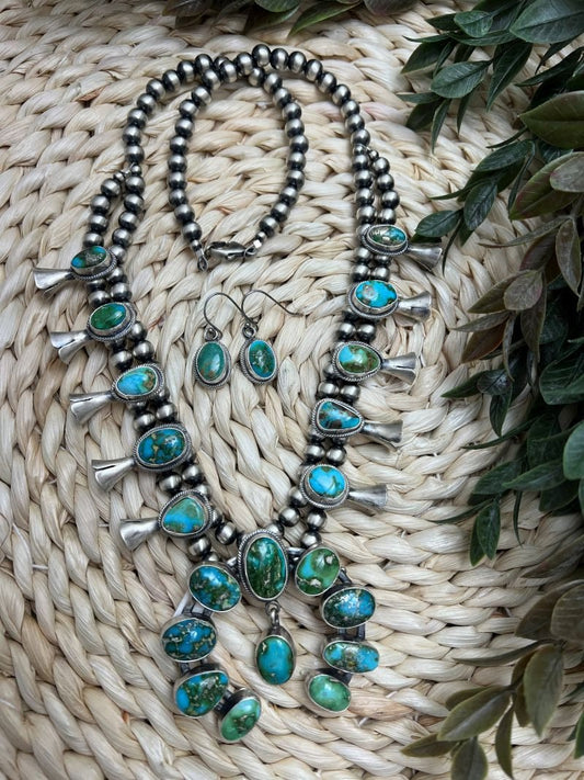 Blue - Green Sonoran Turquoise Cluster Squash Blossom Set - Sunset Turquoise Mountain