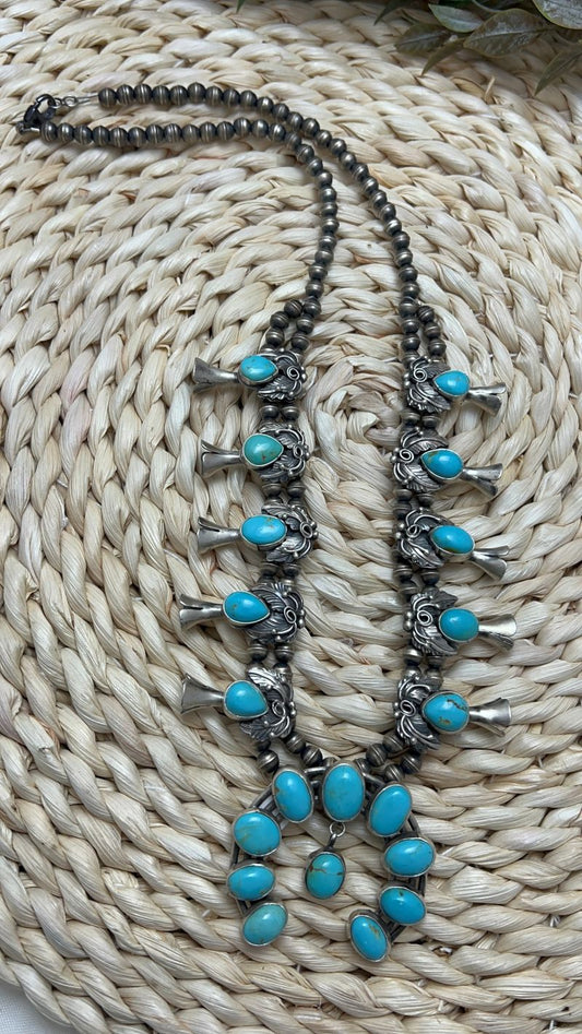 Blue - Green Sonoran Turquoise Leaf Squash Blossom and Earrings Set - Sunset Turquoise Mountain