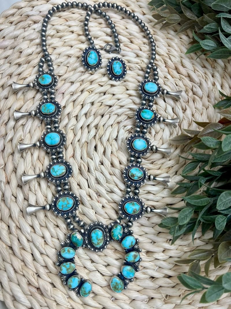 Blue - Green Sonoran Turquoise Squash Blossom Set - Sunset Turquoise Mountain