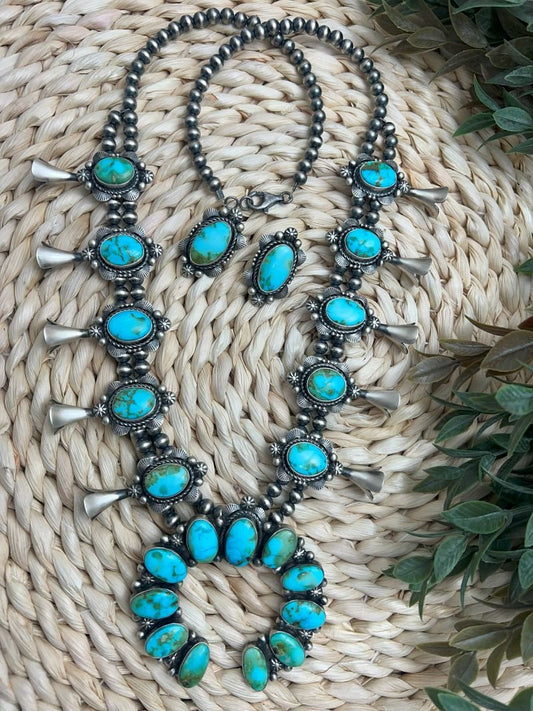Blue - Green Sonoran Turquoise Squash Blossom Set - Sunset Turquoise Mountain