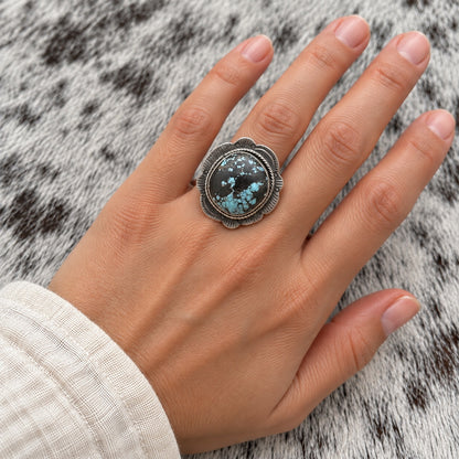 Blue Moon Turquoise Adjustable Ring worn around a finger; approximate scale
