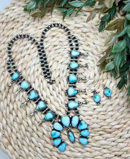 Blue Ridge Turquoise Squash Blossom Necklace and Earring Set - Sunset Turquoise Mountain