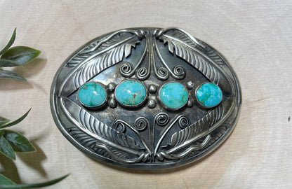 Blue Sonoran Turquoise and Feather Buckle - Sunset Turquoise Mountain