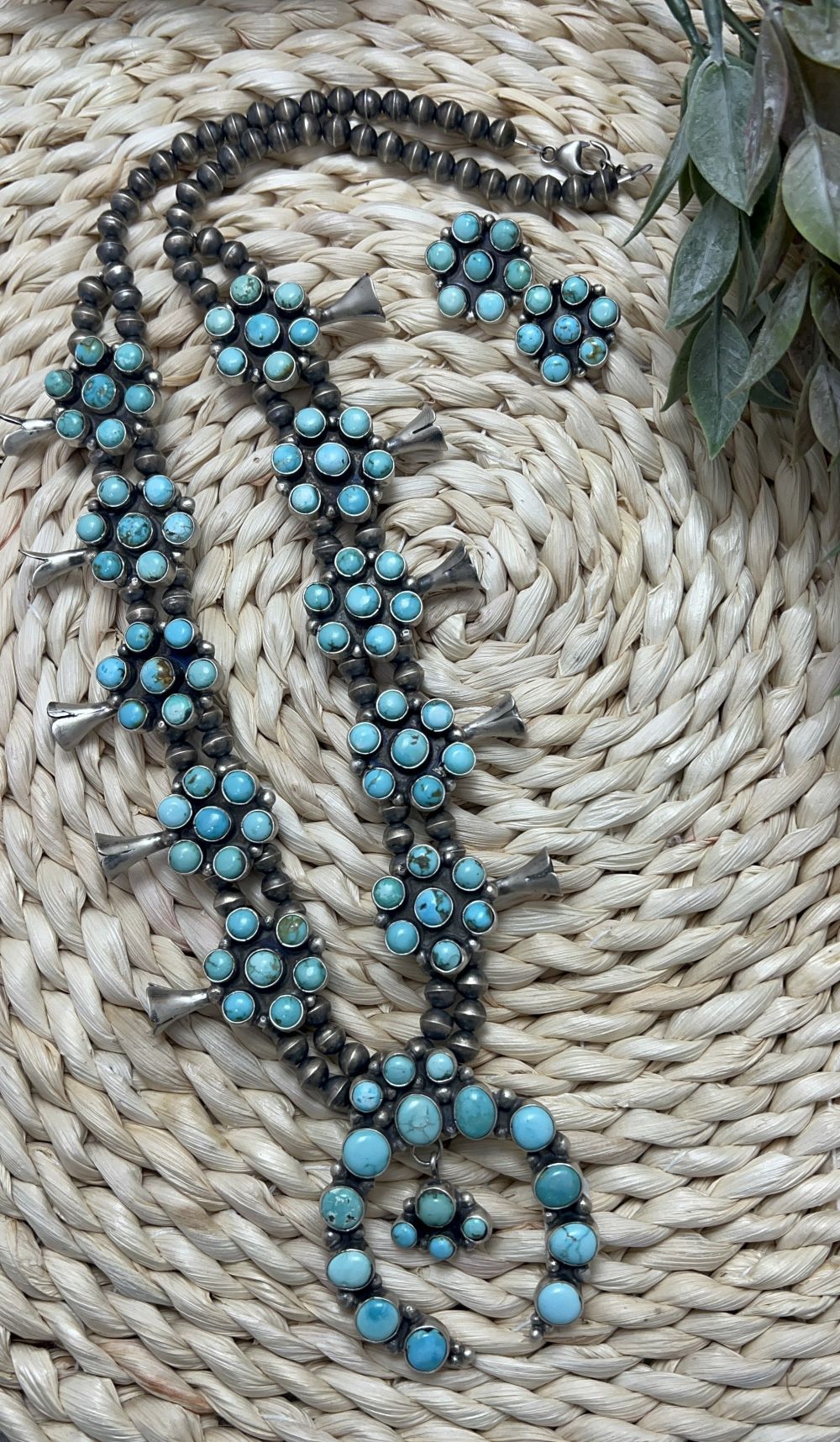 Blue Sonoran Turquoise Large Cluster Squash Blossom and Earrings - Sunset Turquoise Mountain