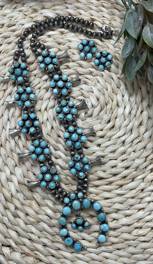 Blue Sonoran Turquoise Large Cluster Squash Blossom and Earrings - Sunset Turquoise Mountain