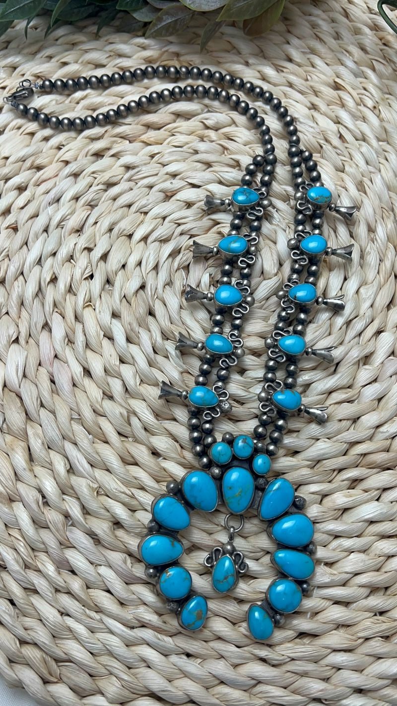 Blue Sonoran Turquoise Large Squash Blossom and Earrings Set - Sunset Turquoise Mountain