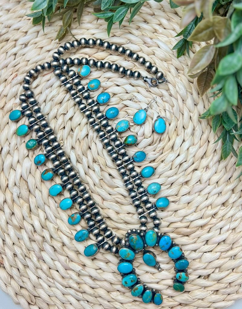 Blue Sonoran Turquoise Squash Blossom and Earrings Set - Sunset Turquoise Mountain