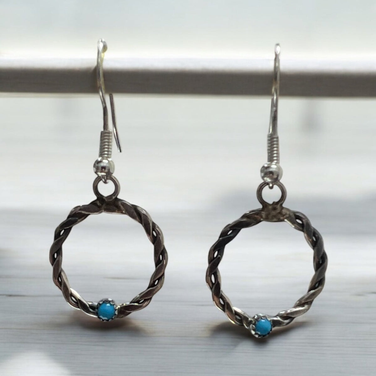 Blue Turquoise and Sterling Silver Celtic Design Dangle Earrings - Sunset Turquoise Mountain