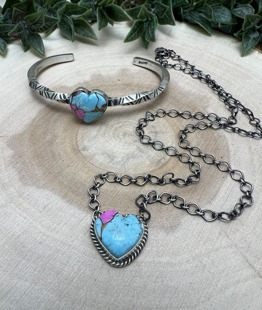 Cotton Candy Heart Bar Necklace & Cuff Bracelet Set - Sunset Turquoise Mountain