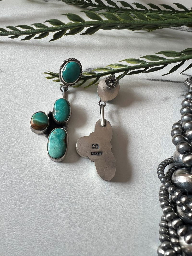 Daniel Benally 4 - stone Turquoise Post Dangle Earrings - Sunset Turquoise Mountain