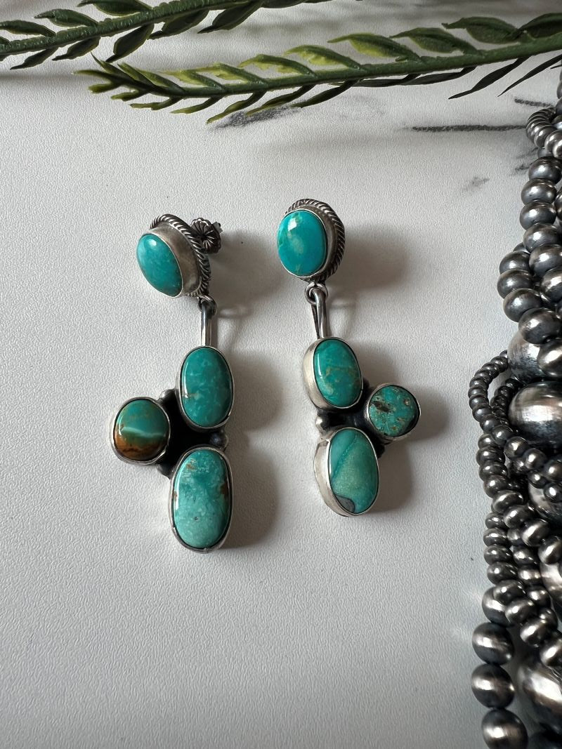 Daniel Benally 4 - stone Turquoise Post Dangle Earrings - Sunset Turquoise Mountain