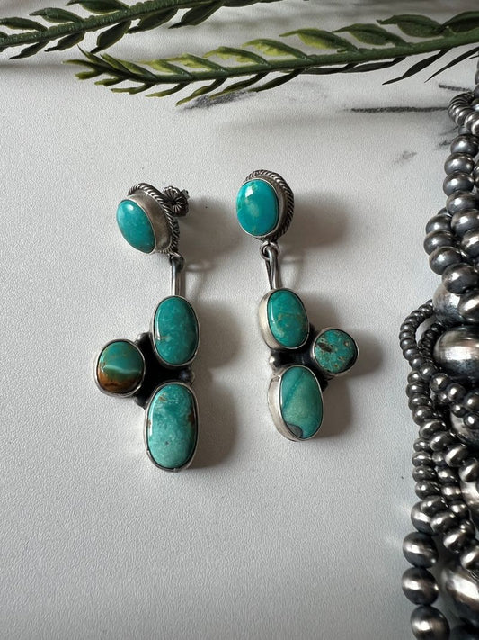 Daniel Benally 4 - stone Turquoise Post Dangle Earrings - Sunset Turquoise Mountain