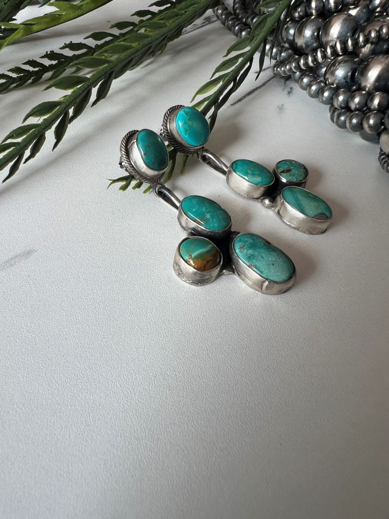 Daniel Benally 4 - stone Turquoise Post Dangle Earrings - Sunset Turquoise Mountain