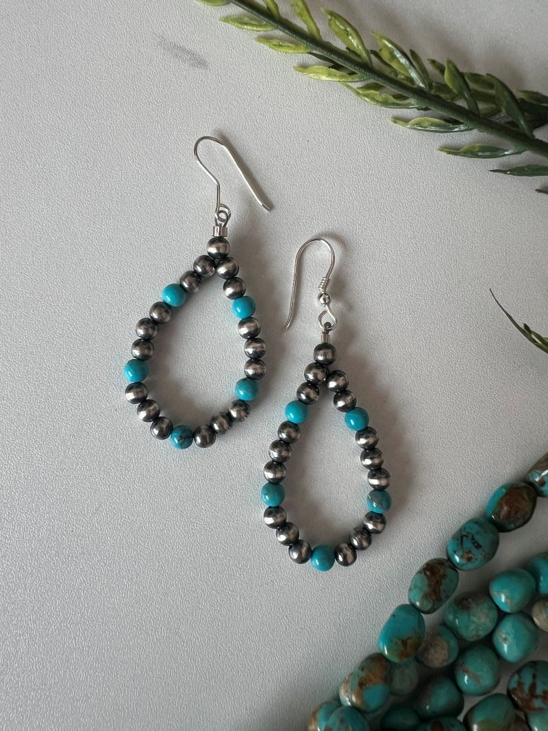 Desert Pearl and Blue Turquoise Round Dangle Earrings - Sunset Turquoise Mountain
