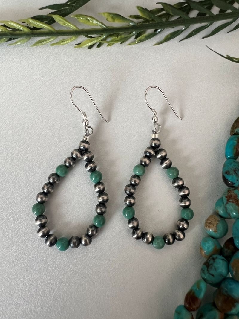 Desert Pearl and Green Turquoise Round Dangle Earrings - Sunset Turquoise Mountain