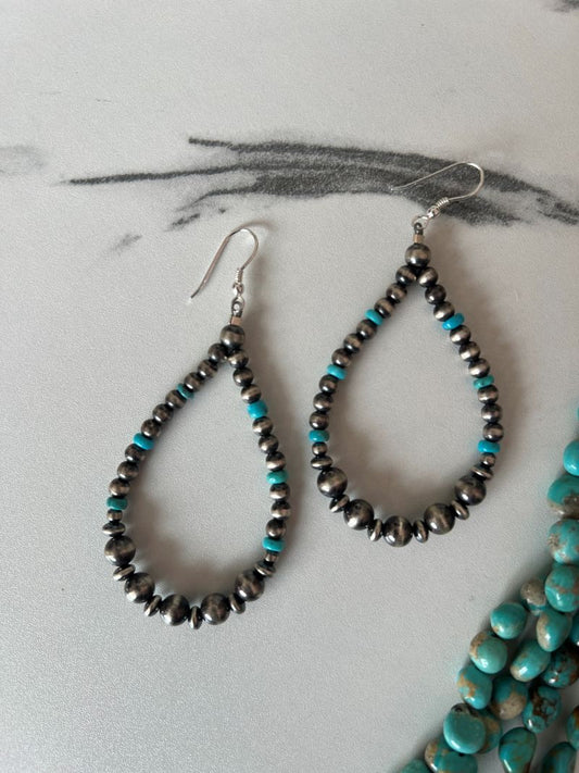 Desert Pearl Silver & Turquoise Large Hoop Earring - Sunset Turquoise Mountain