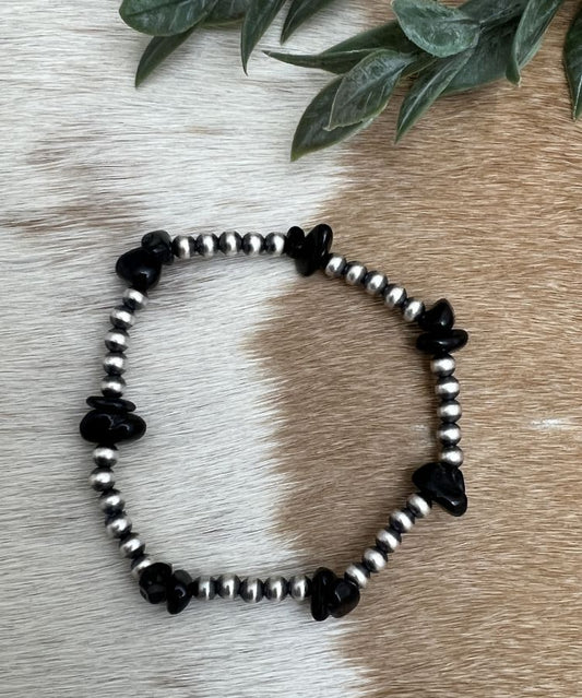 Desert Pearls & Black Onyx Nuggets Stretch Bracelet - Sunset Turquoise Mountain