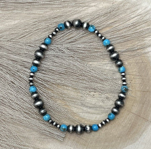 Desert Pearls & Blue Turquoise Graduated Stretch Bracelet - Sunset Turquoise Mountain